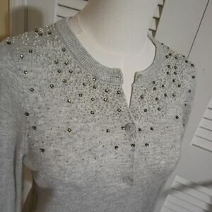 Loft Small Dove-Grey Cardigan Pearl Embellishments Long-Sleeved Sweater Lapin